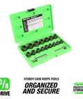 CrMo Impact Nut And Bolt Extractor Kit, 18 Piece Set, Three Eighths Inch Drive For Stripped And Damaged Fasteners in green case