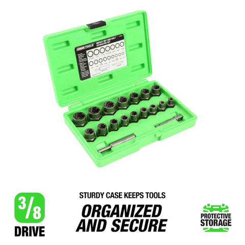CrMo Impact Nut And Bolt Extractor Kit, 18 Piece Set, Three Eighths Inch Drive For Stripped And Damaged Fasteners in green case