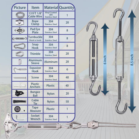 Shade Sail Hardware Kit With One Eighth Inch Wire Rope Measuring 131 Feet For Triangle And Rectangle Sun Shade Sails Outdoor Install Includes Turnbuckles Cables Hooks Clamps Thimbles All In One 243 Pieces Ready To Go chart and tools.