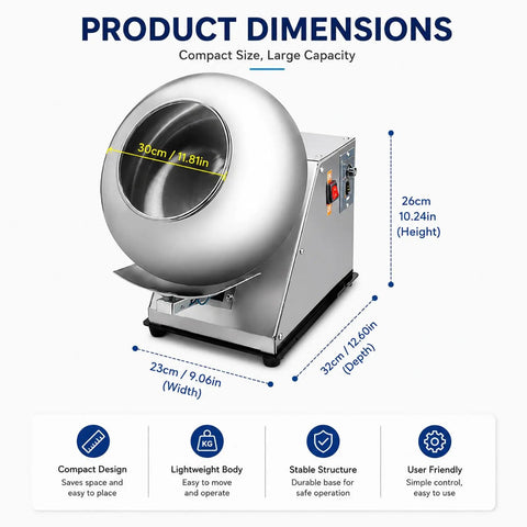 Heavy Duty Candy Coating Machine And Sugar Ball Coater Built Different Stainless Steel Workhorse dimensions shown from the front.