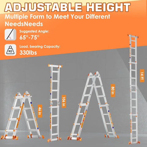 14 ft Multi Position A Frame Ladder with Stabilizer Bar and Wheels, Four Step Folding Ladder, 330 lb Load Capacity, Your Home Workhorse for Stairs and Indoor Outdoor Roof, Easy Roll, Heavy Duty Aluminum Construction in multiple positions