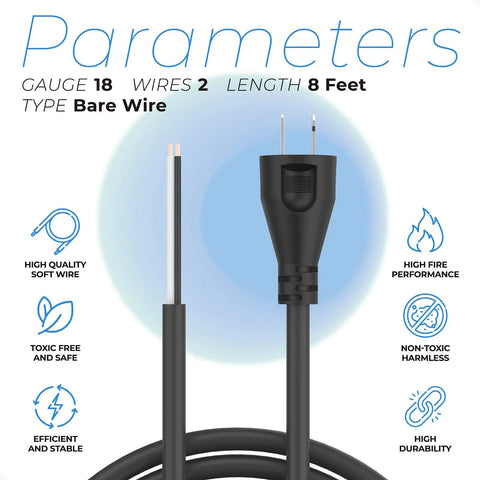 Legit Heavy Duty 8 Foot 18 Gauge 2 Wire Replacement Power Cord Bare Prongs showing black extension cord with bare wires.