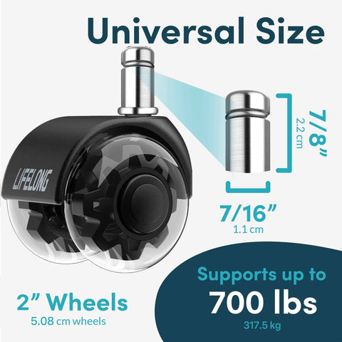 Heavy Duty Office Chair Casters Set Of 5 Replacement Wheels For Hardwood Floors And Carpet, Industrial Steel With Precision Bearings And Polyurethane, Smooth Roll, Fits Most Chairs, Not Compatible With IKEA, showing wheel size and weight support