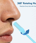 Close-up of light blue tool from Five Color 360 Degree Rotating Nose Hair Trimmer Set With Double Sided Blades in action on nose