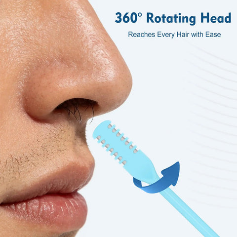 Close-up of light blue tool from Five Color 360 Degree Rotating Nose Hair Trimmer Set With Double Sided Blades in action on nose