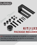 2 Pack Barn Door Floor Guides With Felt Strips For Quiet Smooth Operation Bottom Roller Guides For Flush Mounted Doors Durable POM Nylon Rollers For Ultra Wear Resistance Anti Noise And Touch 8 Roller Configurations Includes Expansion Bolts Black components including guide, rollers, bolts, and wrenches.