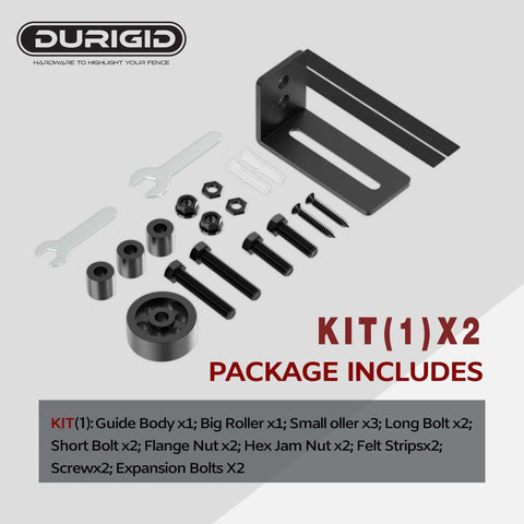 2 Pack Barn Door Floor Guides With Felt Strips For Quiet Smooth Operation Bottom Roller Guides For Flush Mounted Doors Durable POM Nylon Rollers For Ultra Wear Resistance Anti Noise And Touch 8 Roller Configurations Includes Expansion Bolts Black components including guide, rollers, bolts, and wrenches.