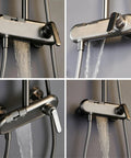 Piano Key Shower System Wall Mounted Exposed Gun Gray 3 in 1 close-up showing water spray and controls.