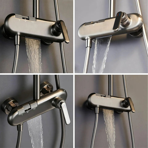 Piano Key Shower System Wall Mounted Exposed Gun Gray 3 in 1 close-up showing water spray and controls.