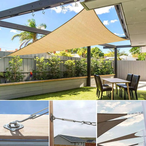 All In One Sun Shade Hardware Kit For Rectangle And Square Sails With 5 Inch Heavy Duty Anti Rust Stainless Steel Marine Grade 304 Components Include 50 Ft Cable Wires And Adjustable Turnbuckles For Easy Pro Installation, installed on a patio.