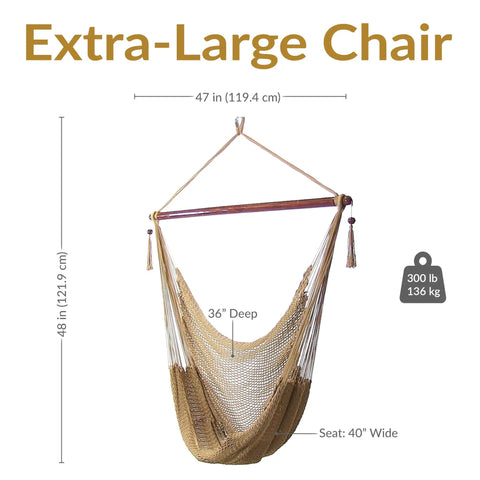 Outdoor Hammock Chair Swing For Reading And Lounging On The Patio Or Indoors 300 Lb Capacity Caribbean XL Tan with dimensions shown