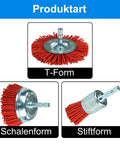 Three nylon filament brush heads: T-Form, Schalenform, Stiftform, for Six Pack Nylon Filament Abrasive Wire Brush Wheel and Cup Brush Set.
