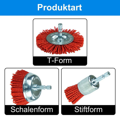 Three nylon filament brush heads: T-Form, Schalenform, Stiftform, for Six Pack Nylon Filament Abrasive Wire Brush Wheel and Cup Brush Set.
