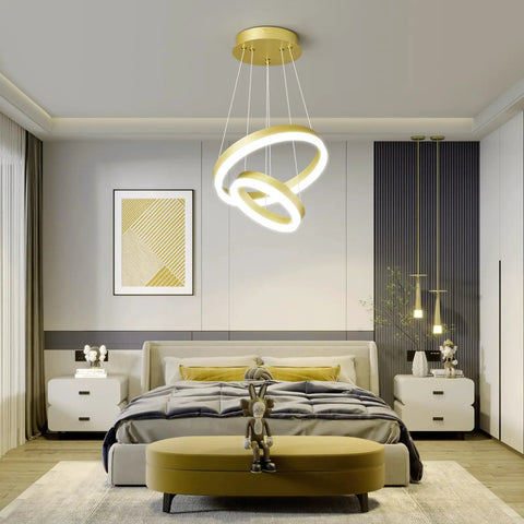 Modern LED Two Ring Gold Chandelier For Staircase Foyer And Living Room Contemporary Ceiling Pendant Light Fixture With High Ceiling 6000K Cool White Glow Luxe Gold Finish For A Lit Home Decor Upgrade