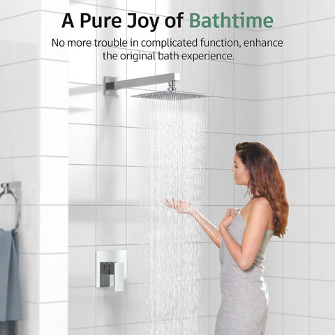 Woman using Shower Faucet Set With Valve And 8 Inch Square Shower Head Single Handle Trim Kit With Extra Long 16 Inch Shower Arm Polished Chrome