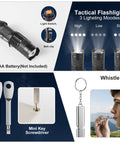 66 In 1 Outdoor Survival Kit With First Aid Fire Starter Knife And Compass For Camping And Hiking Gear Perfect Gift For Men And Outdoor Enthusiasts For Any Adventure Seeker. Tactical flashlight, mini key screwdriver, and whistle shown in detail.