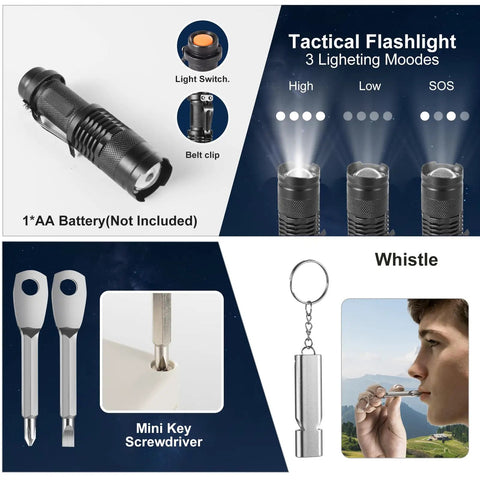66 In 1 Outdoor Survival Kit With First Aid Fire Starter Knife And Compass For Camping And Hiking Gear Perfect Gift For Men And Outdoor Enthusiasts For Any Adventure Seeker. Tactical flashlight, mini key screwdriver, and whistle shown in detail.