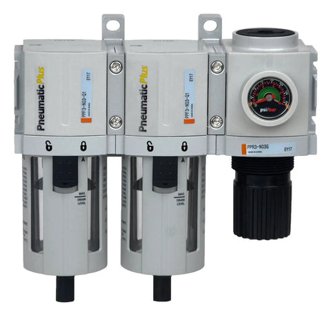 All In One No-Nonsense 3-Stage Compressed Air Dryer System With 3 By 8 NPT Ports, 5 Micron Particulate Filter, 0.3 Micron Coalescing Filter, Regulator Combo, Poly Bowl, Manual Drain For Clean, Dry Air Up To 16 SCFM