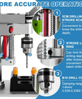 Mini Benchtop Drill Press With Bright Work Light For Precise Woodworking Jewelry And Crafts Rear Mounted 795 Motor Small Bench Drilling Machine B10 Chuck And Belt Guard Ideal For Hobbyists And Pros, close-up of B10 chuck and stroke scale