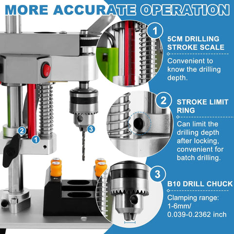 Mini Benchtop Drill Press With Bright Work Light For Precise Woodworking Jewelry And Crafts Rear Mounted 795 Motor Small Bench Drilling Machine B10 Chuck And Belt Guard Ideal For Hobbyists And Pros, close-up of B10 chuck and stroke scale