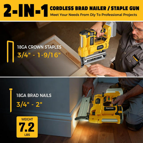 Workhorse Cordless Brad Nailer 18 Gauge 2 Inch Drive 2 In 1 Electric Staple Gun Compatible With DeWalt 20V Max Battery 7.2 Lbs Heavy Duty Tool Only For Woodworking And Custom Builds