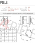 Technical diagram of BeefedUp Three Position Latching Changeover Selector Switch 63A 440V, illustrating dimensions and terminal layout.