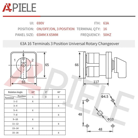 Technical diagram of BeefedUp Three Position Latching Changeover Selector Switch 63A 440V, illustrating dimensions and terminal layout.