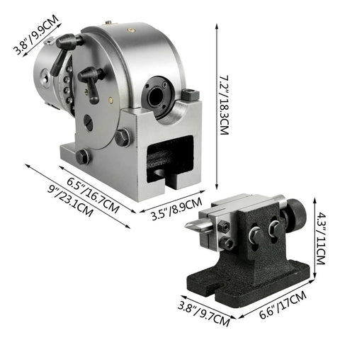 Badass Heavy Duty Dividing Head Indexing Kit With 4 Inch Three Jaw Chuck Mt2 Tailstock For Cnc Milling Grinders 90 Degree Tilt Adjustments, showing cast iron body and three jaw chuck.