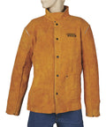 KH807XL Brown Flame Resistant Heavy Duty Leather Welding Jacket For Welders With Triple Needle Stitching Flip Up Collar Front Snap Closure Spatter Protection Arm And Torso Coverage X Large on mannequin.