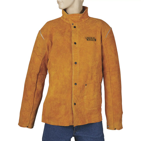 KH807XL Brown Flame Resistant Heavy Duty Leather Welding Jacket For Welders With Triple Needle Stitching Flip Up Collar Front Snap Closure Spatter Protection Arm And Torso Coverage X Large on mannequin.