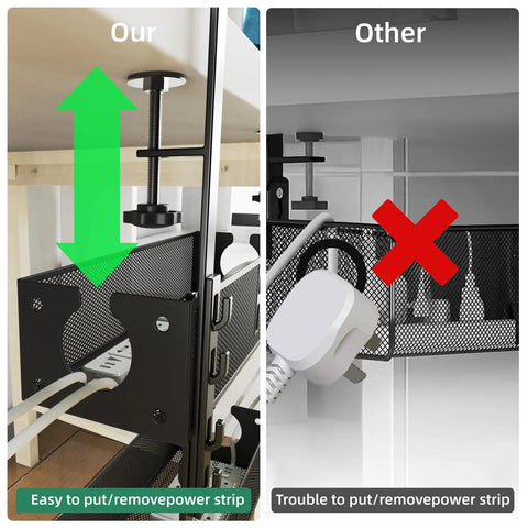 Comparative view of cable management trays showing easy screw-free installation and removable power strip support.