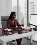 Professional workspace with Premium Leather Desk Organizer Set Boss Level With Desk Pad And Blotter, 15 Piece Office Accessories Kit.