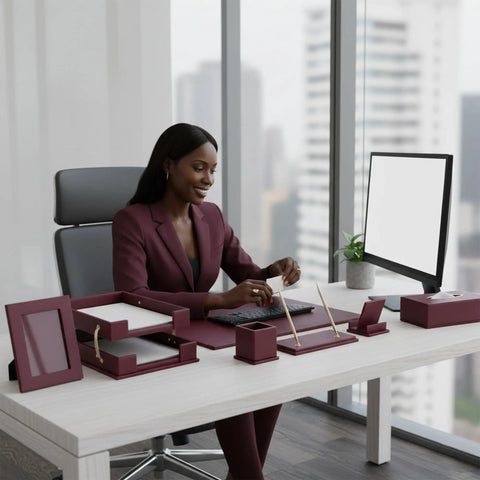 Professional workspace with Premium Leather Desk Organizer Set Boss Level With Desk Pad And Blotter, 15 Piece Office Accessories Kit.