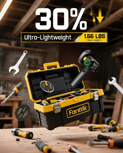 Cordless Angle Grinder With LED Display, Pro-Grade Brushless Power, Go-To DIY Cut Off Tool next to open tool case with accessories