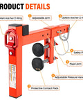 Close-up view of Heavy Duty Parapet Anchor Fall Protection Non Penetrating Rooftop Safety Wall Clamp features with adjustable arms and safety pin.