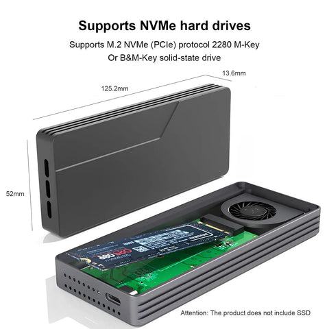 Built Tough 40Gbps M.2 NVMe SSD Enclosure With Sleek Aluminum Build And Internal Turbo Cooling Fan Holds Up To 8TB Drives moves files super quick showing internal layout.
