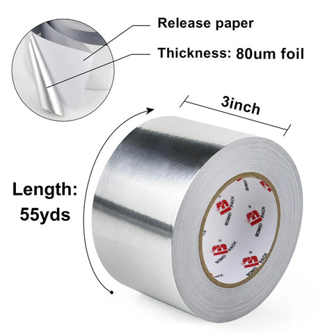 Bomei Pack Heavy Duty Aluminum Foil Tape For HVAC And Metal Repair Plus Air Ducts Sealing, 3 Inch Wide roll with release paper.