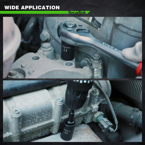 Heavy Duty Workhorse Half Inch Drive Shallow 12-Point Metric Impact Socket Set in use on engine part, 15-Piece, Cr-V Chrome Vanadium