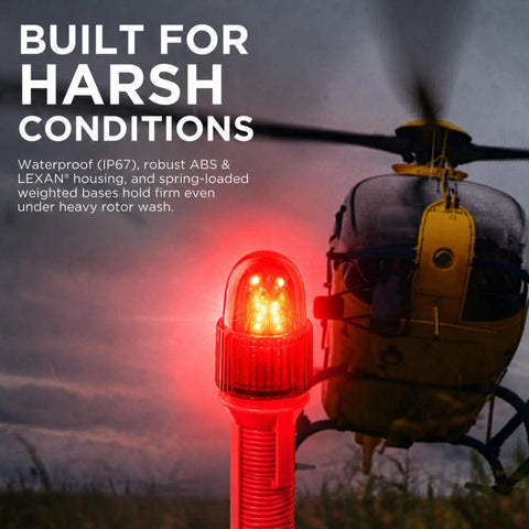 Tough As Nails Emergency Medivac Landing Zone Light Kit With Waterproof LED Strobe Markers for Aircraft next to helicopter in action.