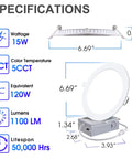 Specifications of 12 Pack 6 Inch Ultra Slim 5CCT LED Recessed Downlights With Junction Box Canless Dimmable 2700K 3000K 3500K 4000K 5000K 15W Equiv 120W 1100 Lumen ETL FCC with dimensions and features.
