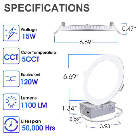 Specifications of 12 Pack 6 Inch Ultra Slim 5CCT LED Recessed Downlights With Junction Box Canless Dimmable 2700K 3000K 3500K 4000K 5000K 15W Equiv 120W 1100 Lumen ETL FCC with dimensions and features.