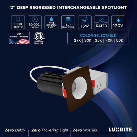 2 Inch Led Recessed Lighting Kit Featuring Heavy Hitter Glare Free Deep Recessed Trim Round White And Square Bronze Interchangeable Design 5CCT 2700K To 5000K Dimmable Wet Rated 15 Watt Ceiling Panels 12 Pack with usable interface.