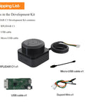 RPLIDAR C1 360 Degree 2D Lidar Sensor with cables and components included in the development kit for robots with a 12m scan radius.