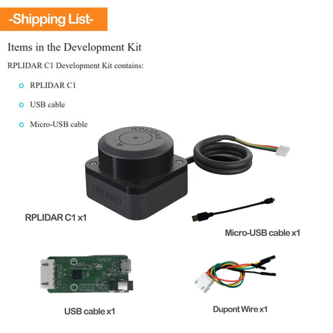 RPLIDAR C1 360 Degree 2D Lidar Sensor with cables and components included in the development kit for robots with a 12m scan radius.