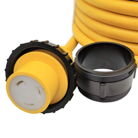 RV Shore Power Extension Cord 50 Ft L5-30 Twist Lock 30A With Seal Collar Yellow Nickel-Plated Brass Pins 100% Copper Conductors Marine Grade UL Listed