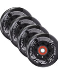 60mm Inline Skate Wheels 90A Hardness Replacement Pack With Bearings For Indoor And Outdoor Skating Durable Fast Rolling 4 Pack Built For Street And Rink Grippy Longevity, showing close-up of black wheels with red bearings.