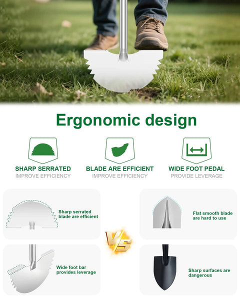 Person using Serrated Edger Lawn Tool With Half Moon Shovel And T Handle 38 Inch Rust Proof Ergonomic Edging Tool for yard work