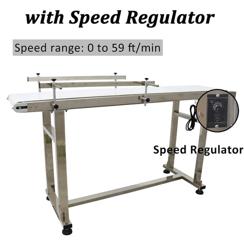 Heavy Duty Industrial Flat Conveyor Belt Built Like A Tank With Adjustable Guardrails Stainless Steel Frame Variable Speed Motor with speed regulator.