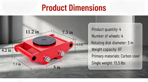 4 Piece Heavy Duty Machinery Skates Set With 8 Ton Total Load Capacity, Each Unit Handles Up To 2 Tons, Built For Smooth Cargo Moving And Industrial Equipment Handling; red carbon steel skate dimensions