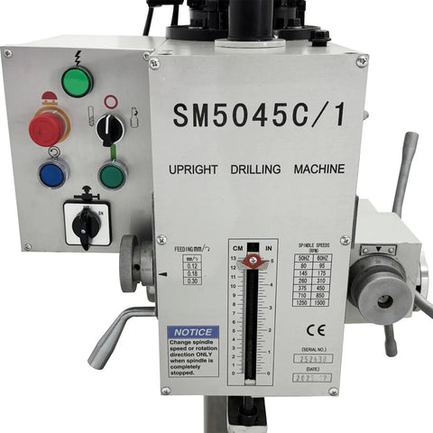 Control panel of Gear Head Vertical Drill Press With Auto Feed For Drilling Milling And Tapping M20, model SM5045C/1.